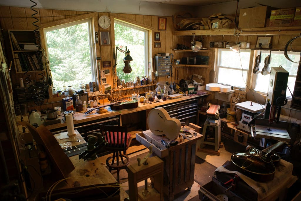 Luthier Jackson Cunningham of Cunningham Hand-Made Instruments makes archtop guitars and fiddles at his workshop in Troutdale, Virginia. Cunningham photographed on 9/3/16. Photo by Pat Jarrett/The Virginia Folklife Program